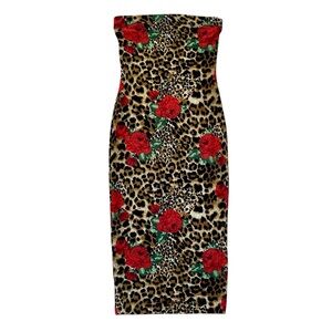 DNA Couture Leopard Print Strapless Midi Dress with Red Rose Accents - Medium